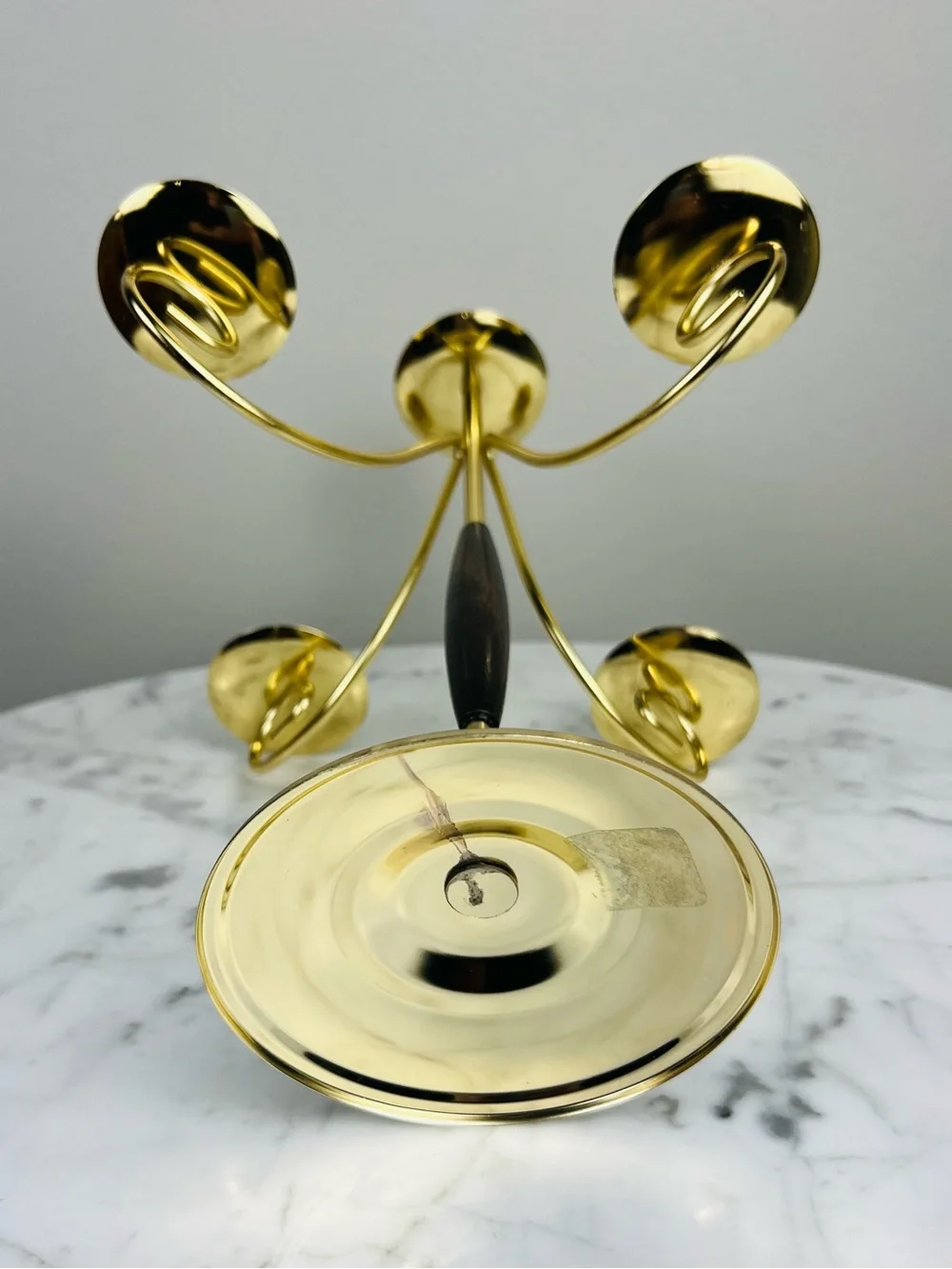 Vintage MCM Mid-Century Modern Brass & Wood Five-Arm Candelabra